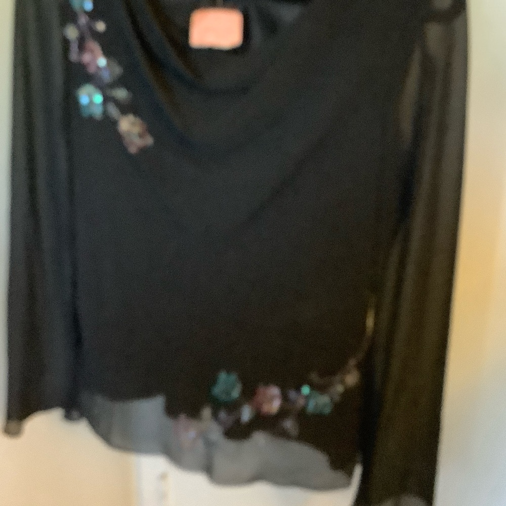 Black Sheer Long Sleeve Top with Iridescent Floral Accents Ptp 21”